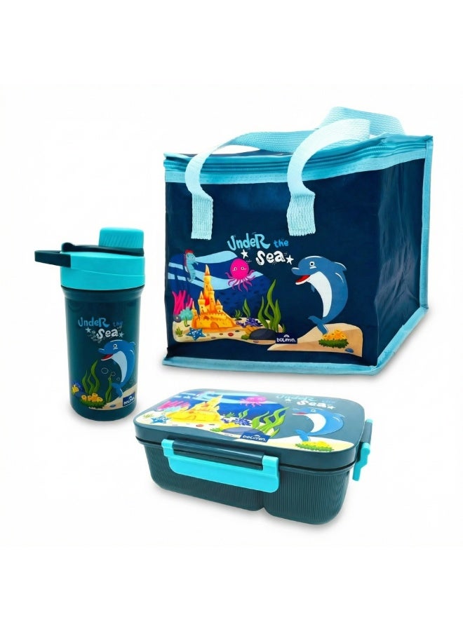 Dolphin Lunch Box Set Blue, 3-Compartment Bento Box 1800 ml with Water Bottle & Thermal Bag - Image 1